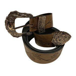 Western Floral-Embossed Leather Belt With Ornate Gold Buckle NWOT